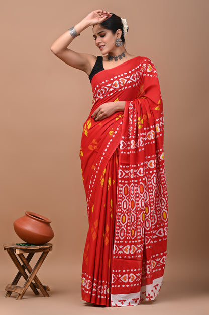 Jaipuri Printed Pure Cotton Mulmul Saree With Blouse