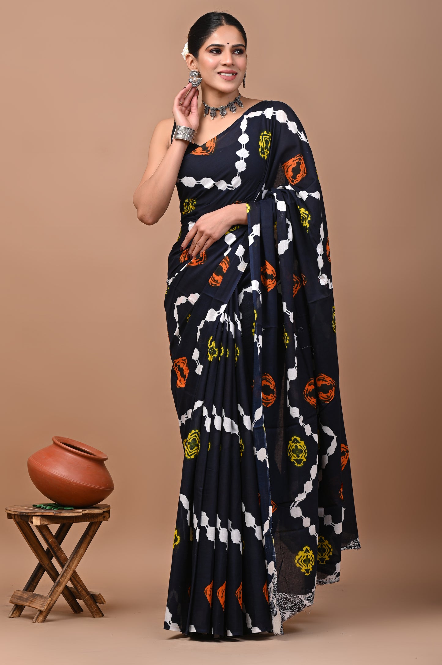 Jaipuri Printed Pure Cotton Mulmul Saree With Blouse