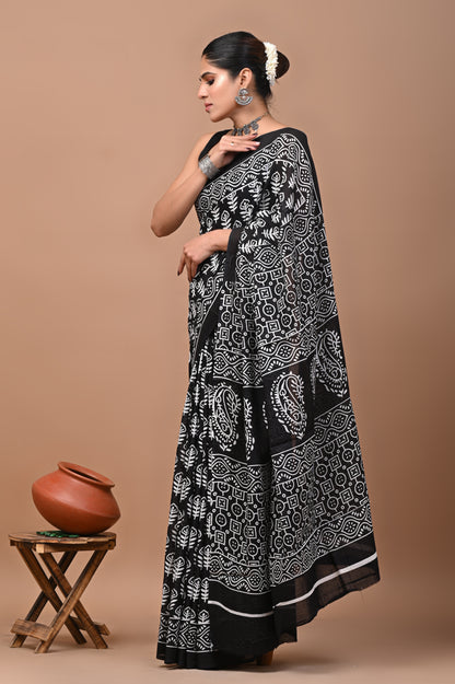 Jaipuri Printed Pure Cotton Mulmul Saree With Blouse