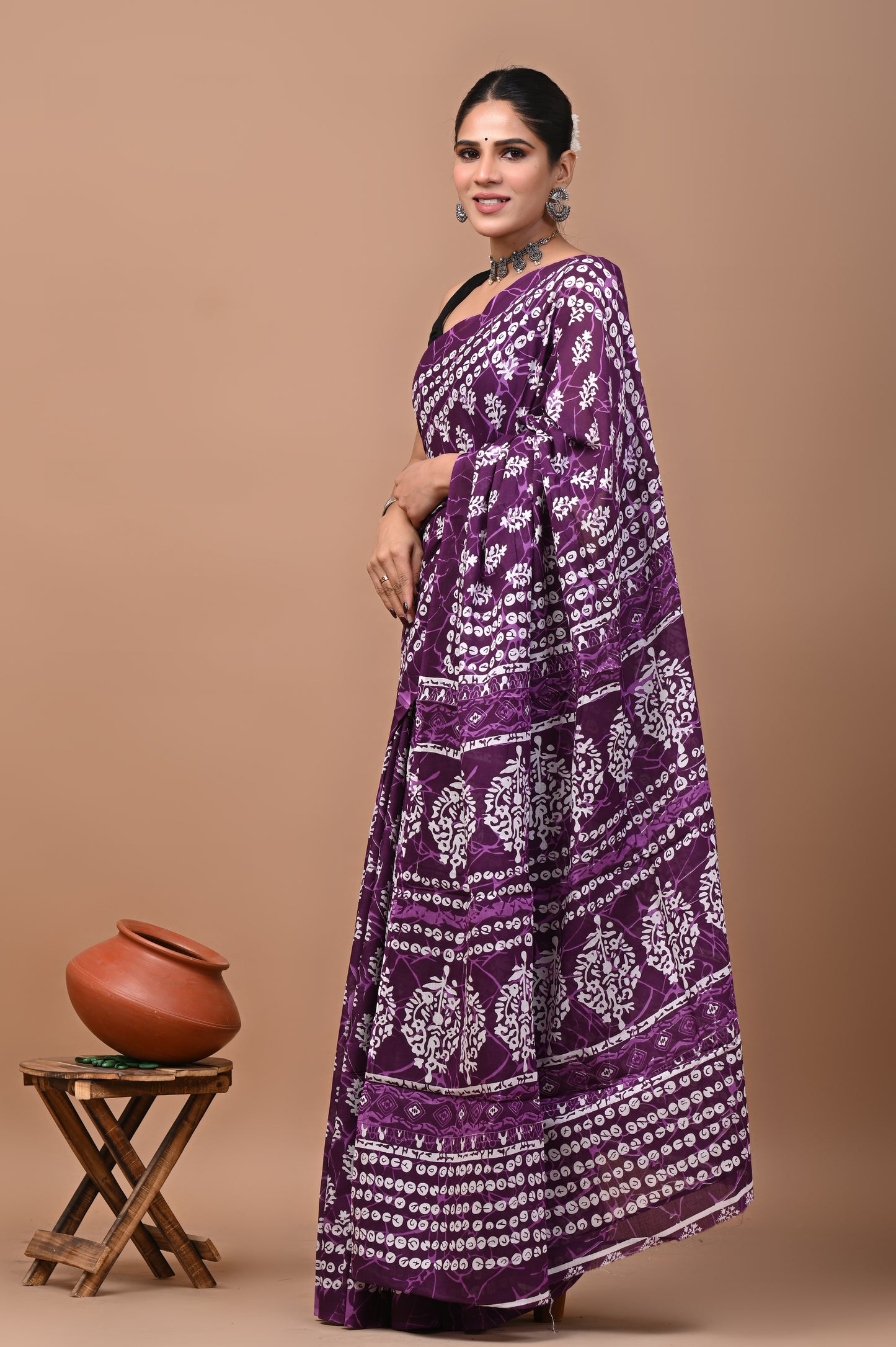 Jaipuri Printed Pure Cotton Mulmul Saree With Blouse