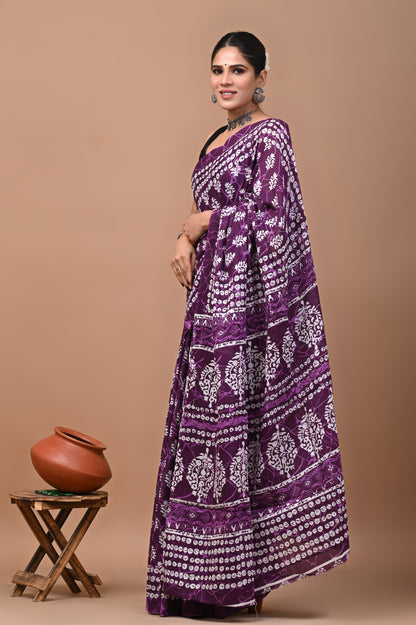 Jaipuri Printed Pure Cotton Mulmul Saree With Blouse