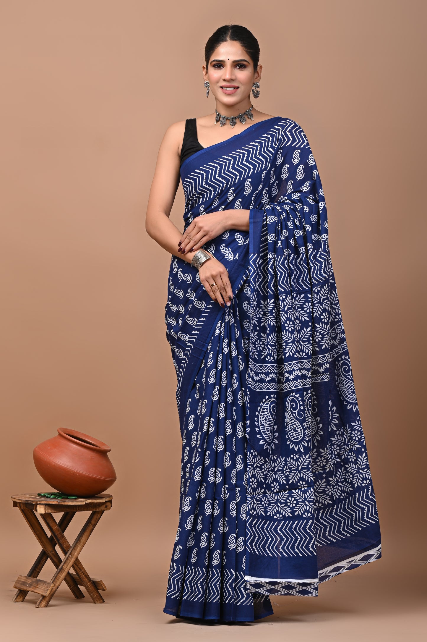 Jaipuri Printed Pure Cotton Mulmul Saree With Blouse