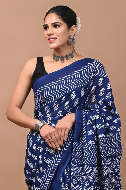 Jaipuri Printed Pure Cotton Mulmul Saree With Blouse