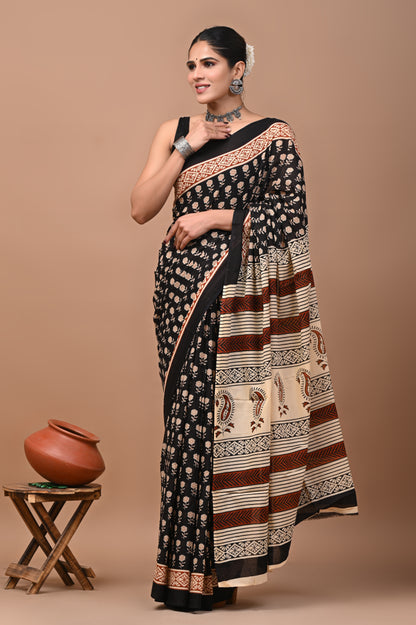 Jaipuri Printed Pure Cotton Mulmul Saree With Blouse