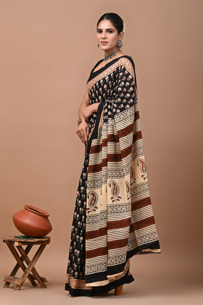 Jaipuri Printed Pure Cotton Mulmul Saree With Blouse