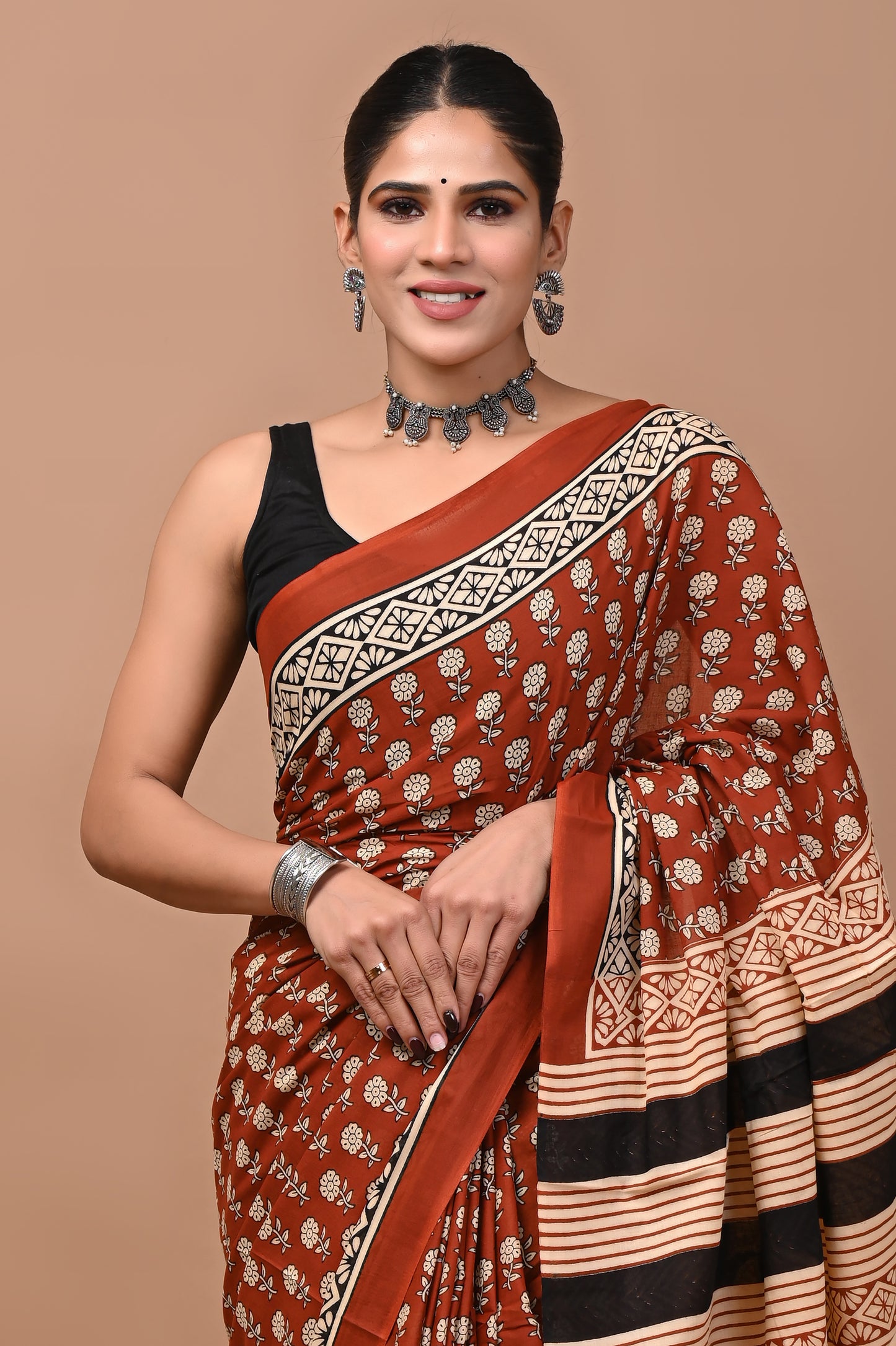 Jaipuri Printed Pure Cotton Mulmul Saree With Blouse