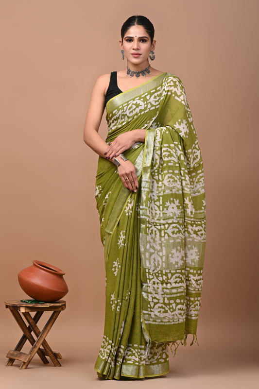 Block Printed Cotton linen Saree With Unstiched Blouse