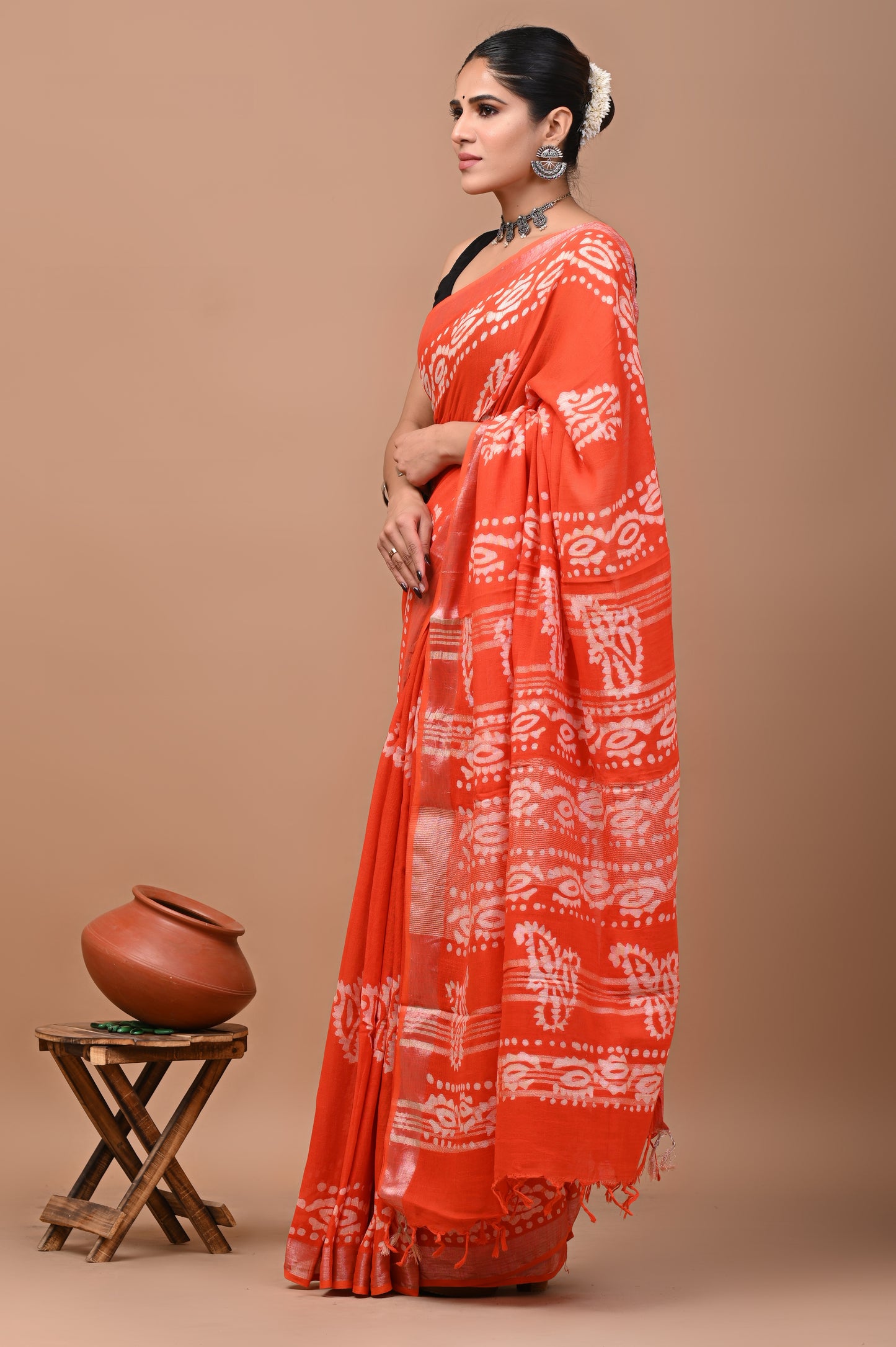 Block Printed Cotton linen Saree With Unstiched Blouse