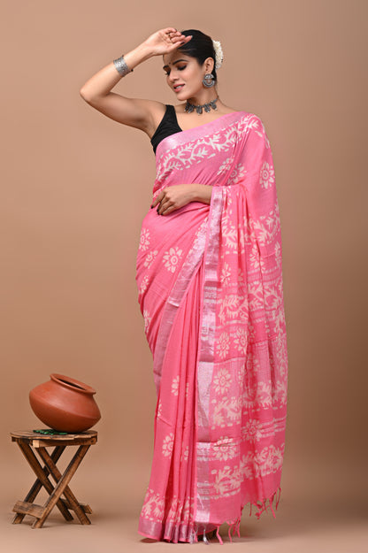 Block Printed Cotton linen Saree With Unstiched Blouse