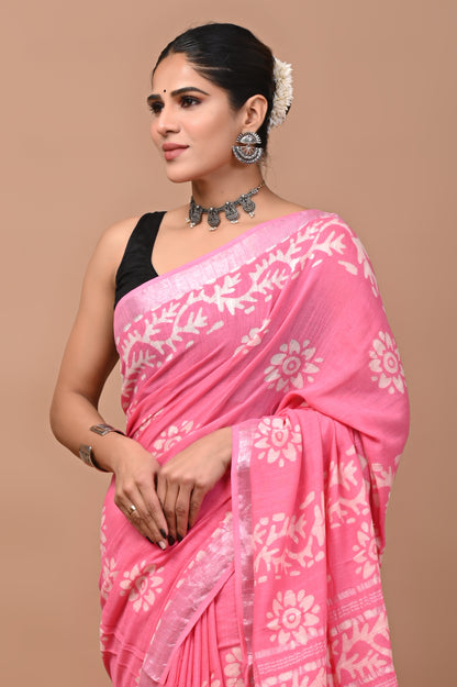 Block Printed Cotton linen Saree With Unstiched Blouse