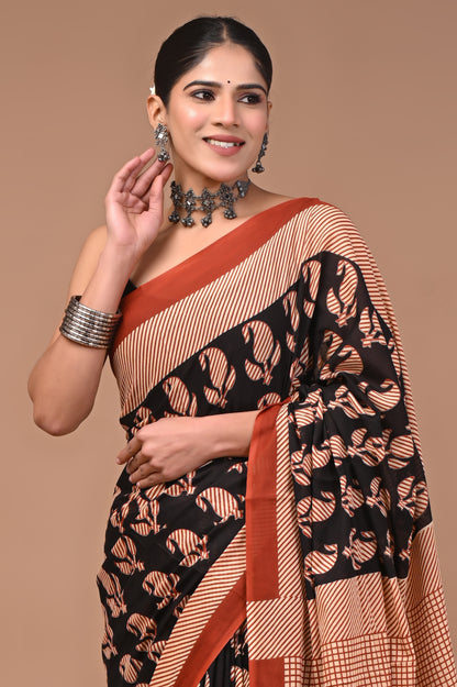 Printed Pure Cotton Mulmul Saree With Blouse