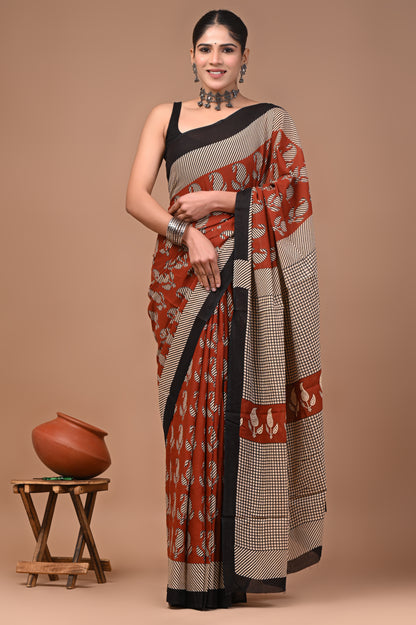 Printed Pure Cotton Mulmul Saree With Blouse