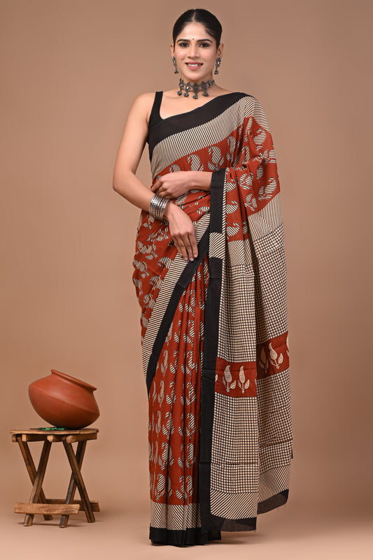 Printed Pure Cotton Mulmul Saree With Blouse