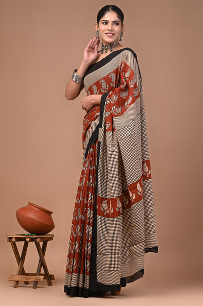 Printed Pure Cotton Mulmul Saree With Blouse