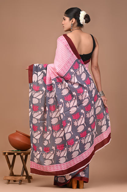 Printed Pure Cotton Mulmul Saree With Blouse