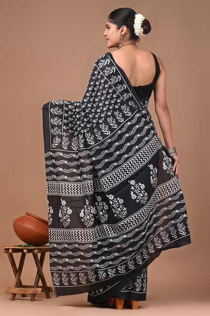 Printed Pure Cotton Mulmul Saree With Blouse