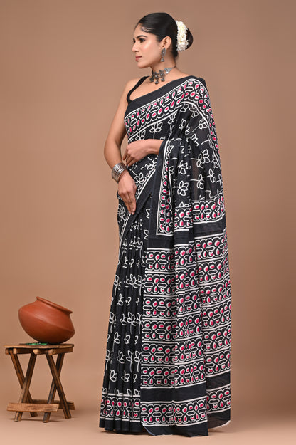 Printed Pure Cotton Mulmul Saree With Blouse