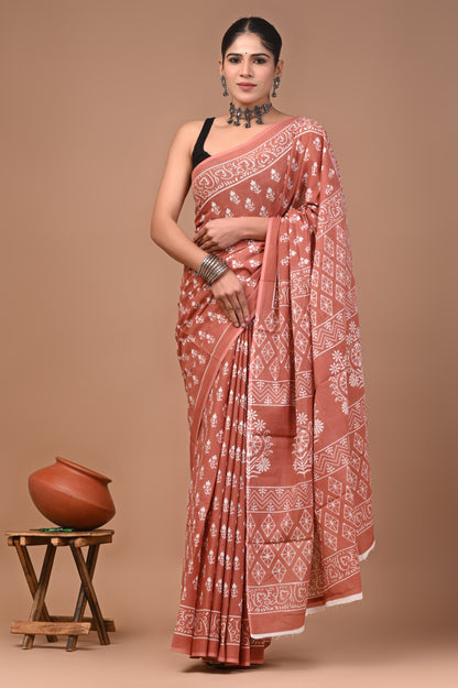 Printed Pure Cotton Mulmul Saree With Blouse
