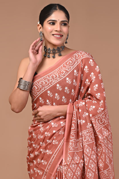 Printed Pure Cotton Mulmul Saree With Blouse