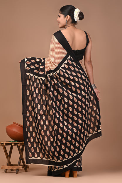 Printed Pure Cotton Mulmul Saree With Blouse