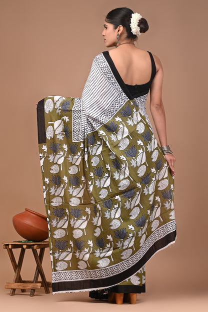 Printed Pure Cotton Mulmul Saree With Blouse