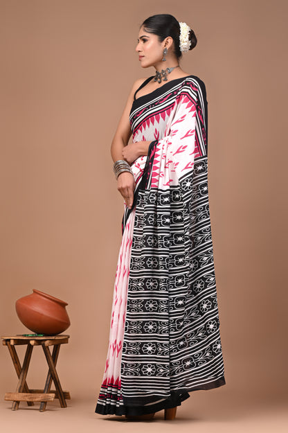 Printed Pure Cotton Mulmul Saree With Blouse