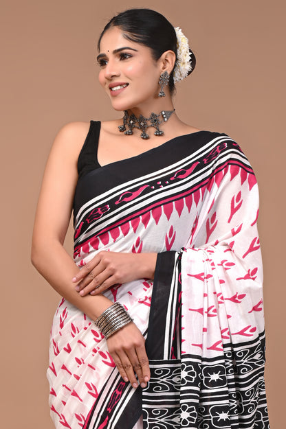 Printed Pure Cotton Mulmul Saree With Blouse