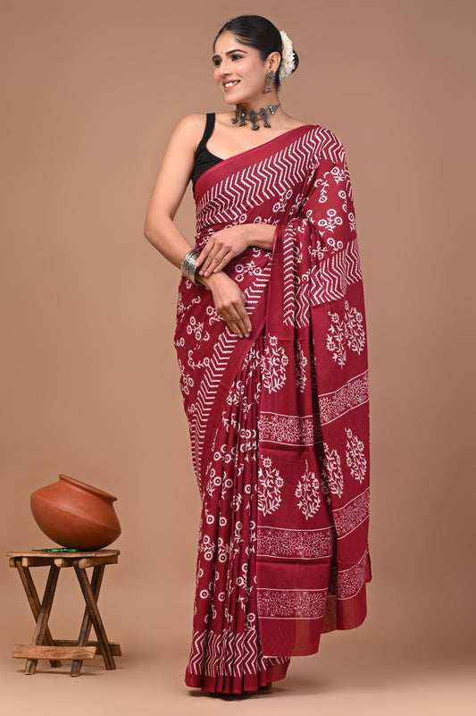 Printed Pure Cotton Mulmul Saree With Blouse