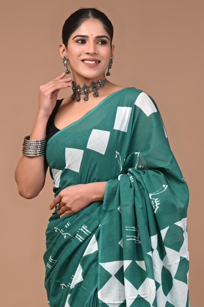 Printed Pure Cotton Mulmul Saree With Blouse