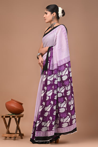Printed Pure Cotton Mulmul Saree With Blouse