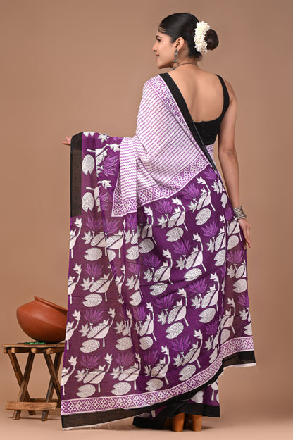 Printed Pure Cotton Mulmul Saree With Blouse