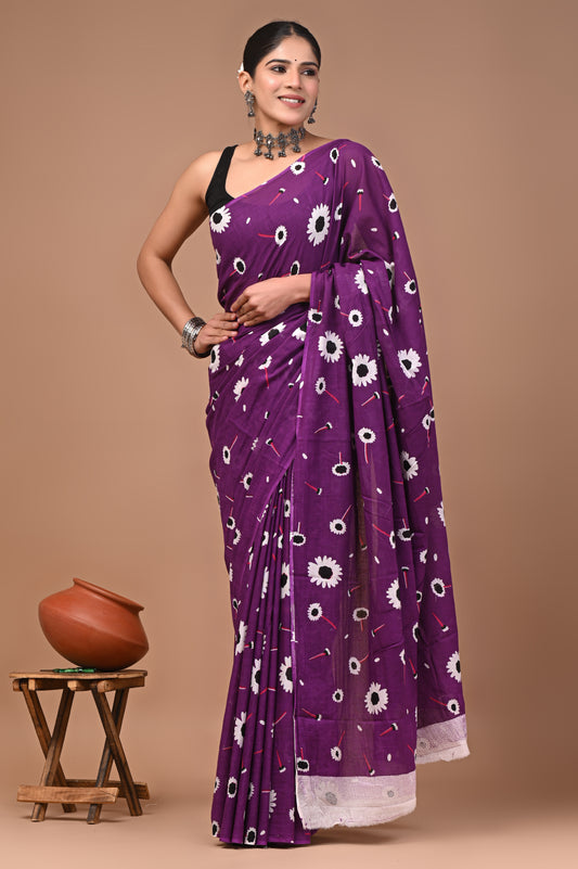 Printed Pure Cotton Mulmul Saree With Blouse