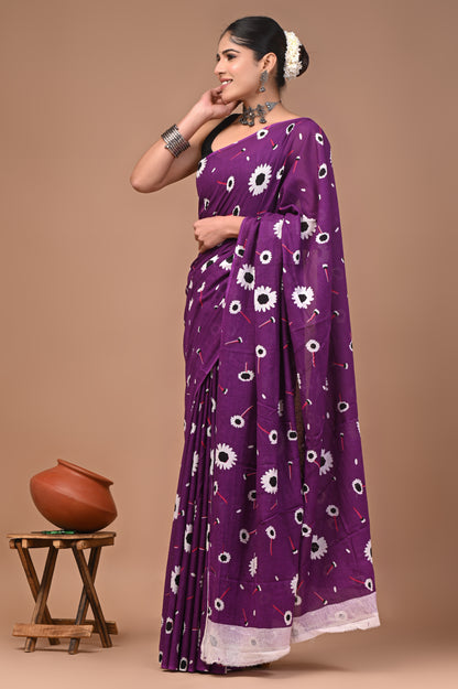 Printed Pure Cotton Mulmul Saree With Blouse