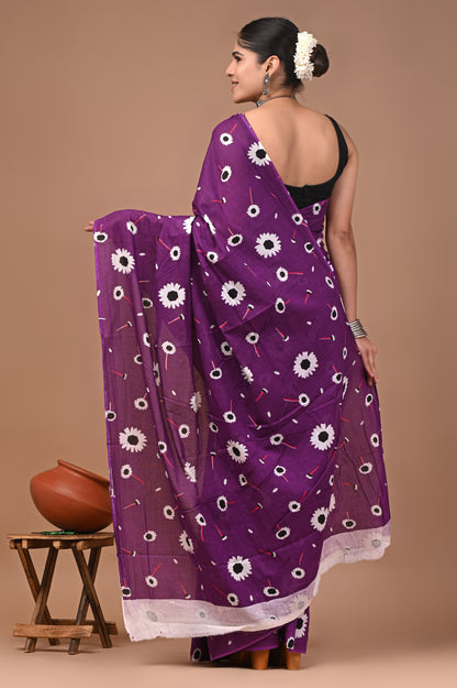 Printed Pure Cotton Mulmul Saree With Blouse