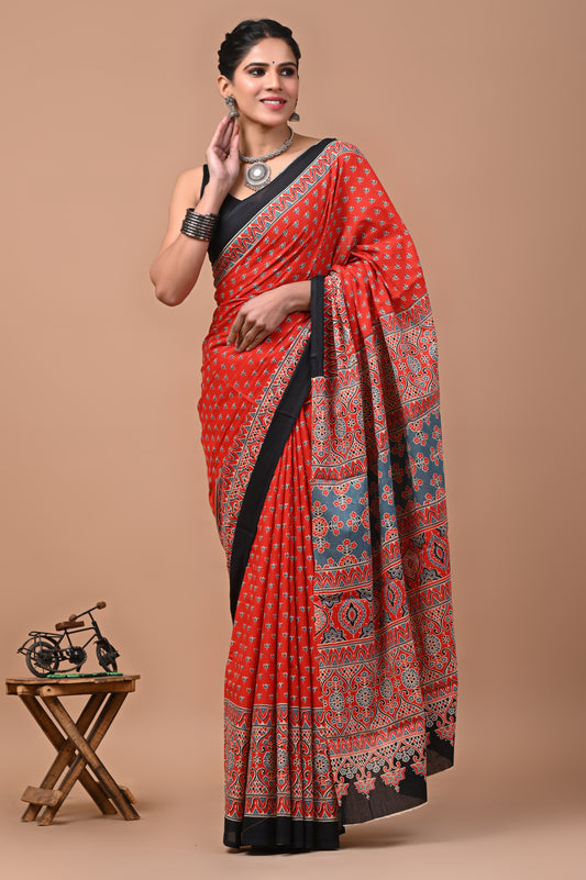 Printed Pure Cotton Mulmul Saree With Blouse