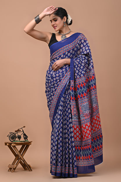 Printed Pure Cotton Mulmul Saree With Blouse