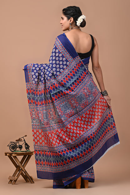 Printed Pure Cotton Mulmul Saree With Blouse