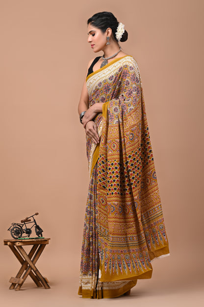 Printed Pure Cotton Mulmul Saree With Blouse