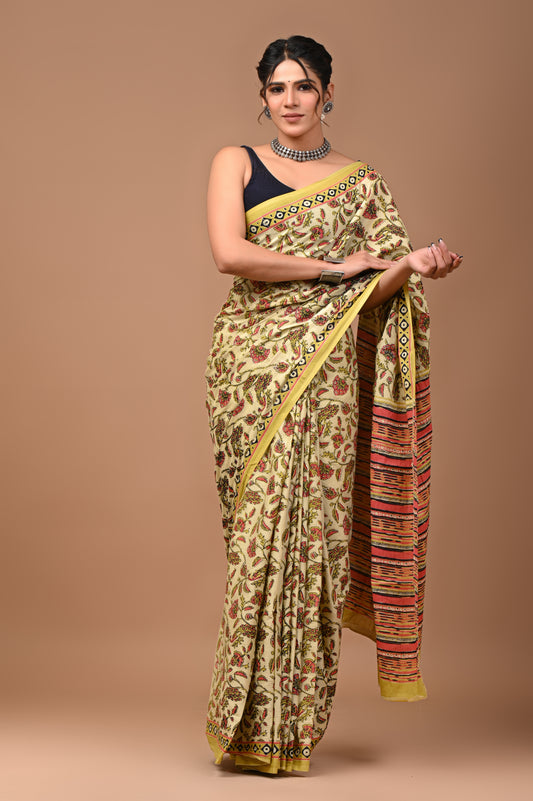 Beautiful Ajrak Printed Pure Cotton Mulmul Saree With Blouse
