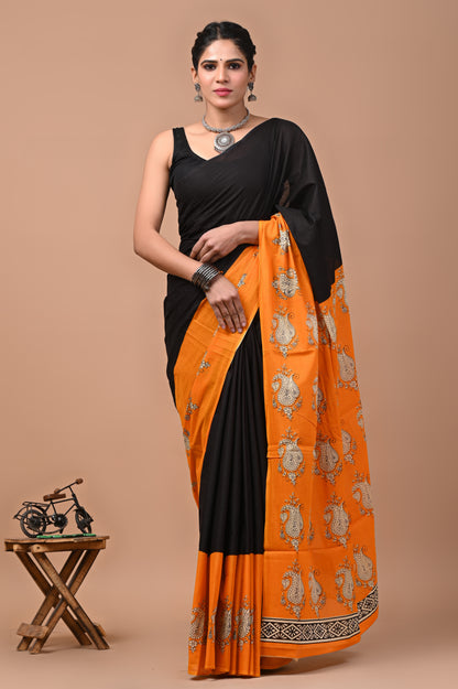 Printed Pure Cotton Mulmul Saree With Blouse