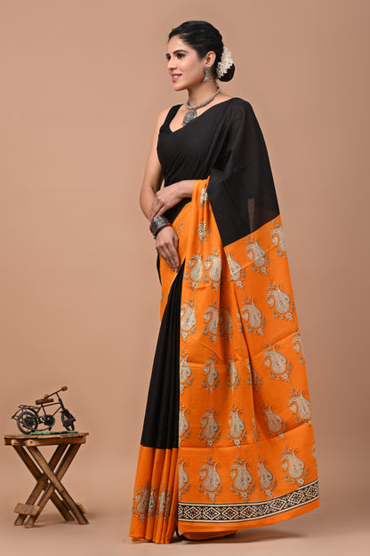 Printed Pure Cotton Mulmul Saree With Blouse