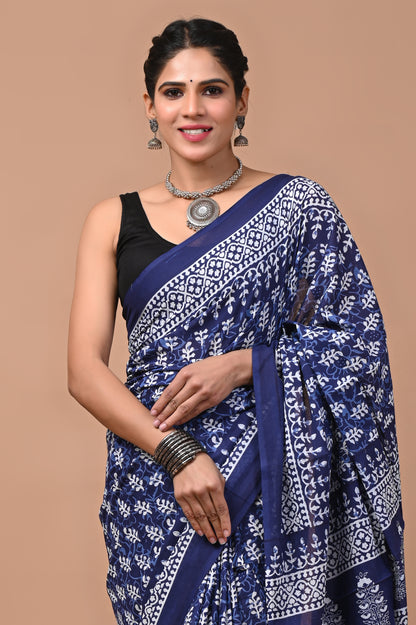 Printed Pure Cotton Mulmul Saree With Blouse