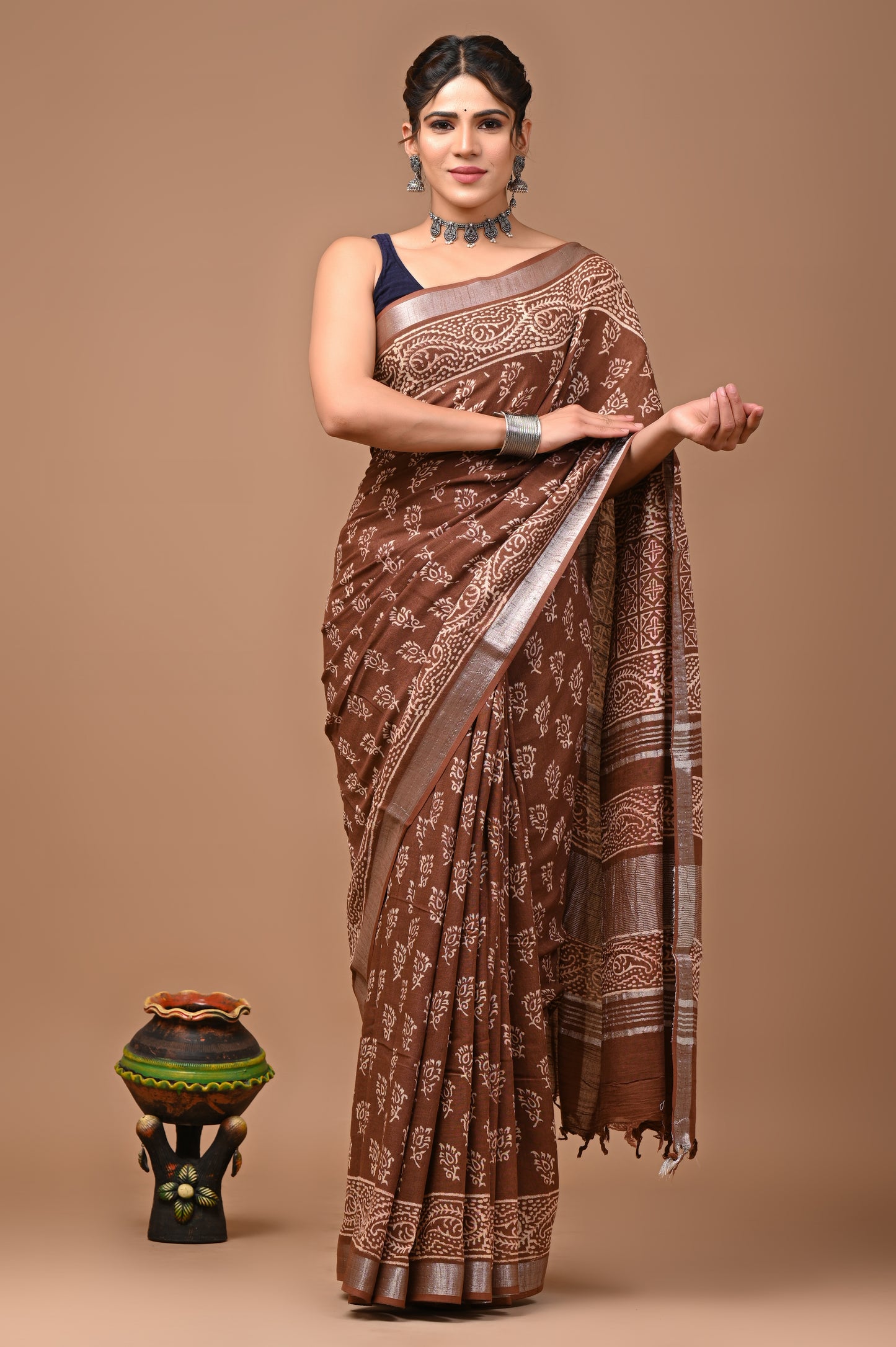 Block Printed Cotton linen Saree With Unstiched Blouse