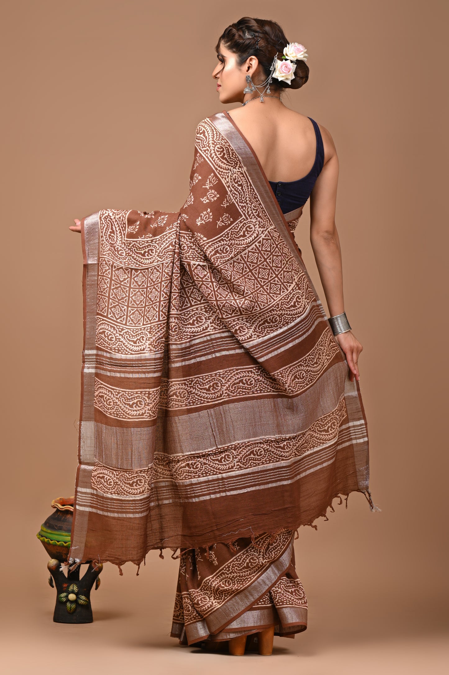 Block Printed Cotton linen Saree With Unstiched Blouse