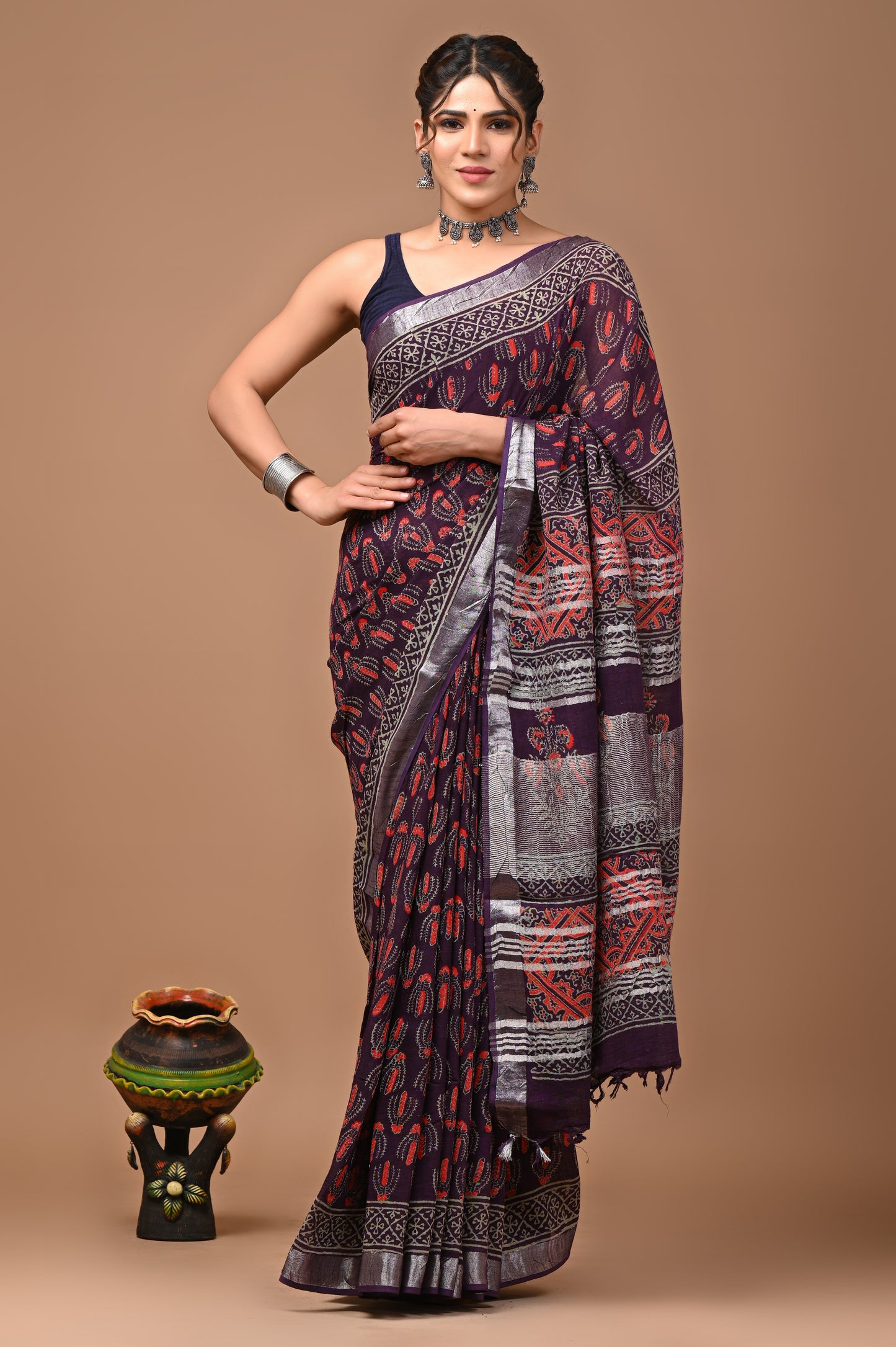 Block Printed Cotton linen Saree With Unstiched Blouse