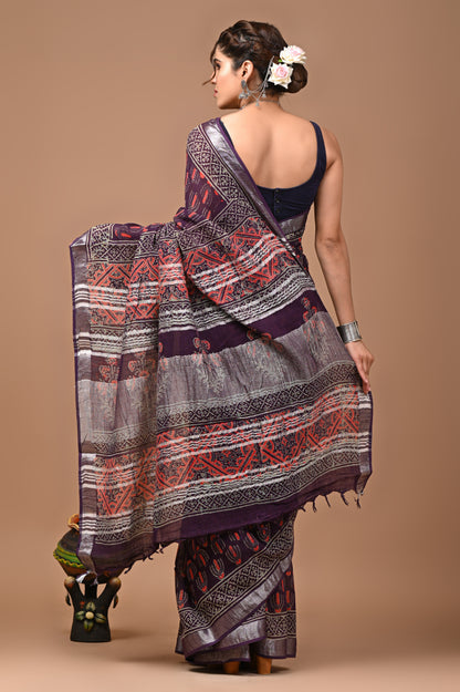 Block Printed Cotton linen Saree With Unstiched Blouse