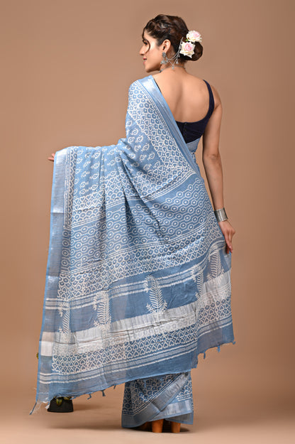 Block Printed Cotton linen Saree With Unstiched Blouse