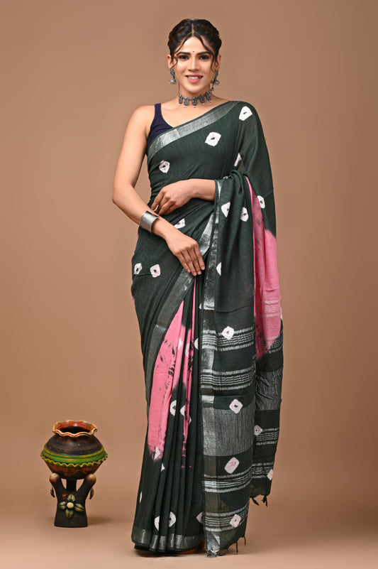 Block Printed Cotton linen Saree With Unstiched Blouse