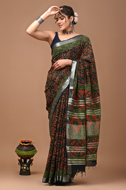 Block Printed Cotton linen Saree With Unstiched Blouse