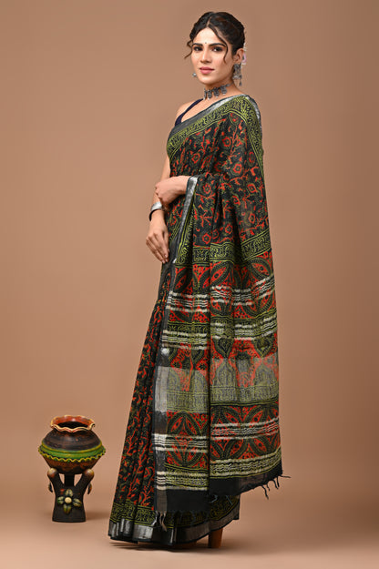 Block Printed Cotton linen Saree With Unstiched Blouse